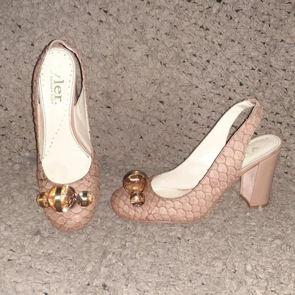 RICHARD TYLER-Vintage-Riesling Reptile Beaded Brown High Heel-SZ6.5/7-Excellent